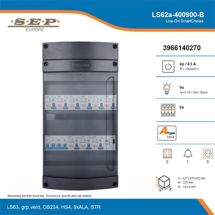 SEP Live-On SmartChoise, LS62a-400900-B, 63A, 3-fase groepenkast, 9-lichtgroepen, 1-beltrafo, technische details