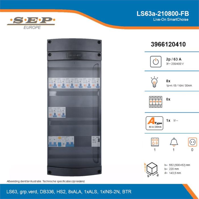 SEP Live-On SmartChoise, LS63a-210800-FB, 63A, 3-fase groepenkast, 8-lichtgroepen, 1-fornuisgroep, 1-beltrafo, technische details
