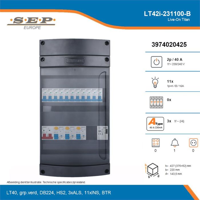 SEP Live-On Titan, LT42i-231100-B, 40A, 1-fase groepenkast, 11-lichtgroepen, 1-beltrafo, technische details