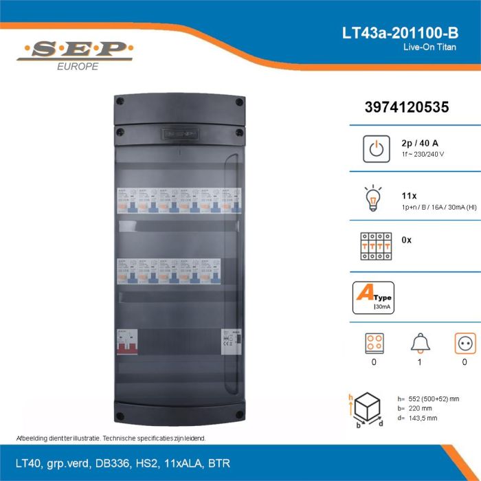 SEP Live-On Titan, LT43a-201100-B, 40A, 1-fase groepenkast, 11-lichtgroepen, 1-beltrafo, technische details