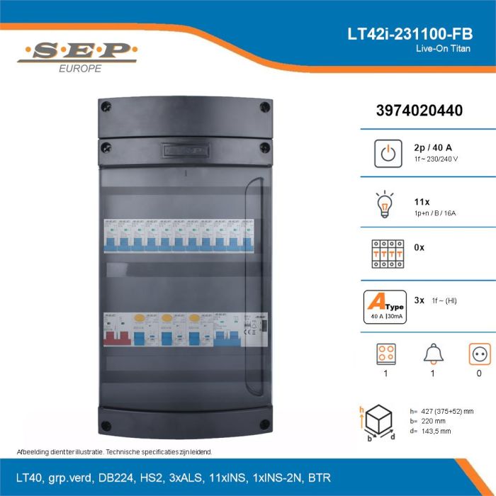 SEP Live-On Titan, LT42i-231100-FB, 40A, 1-fase groepenkast, 11-lichtgroepen, 1-fornuisgroep, 1-beltrafo, technische details
