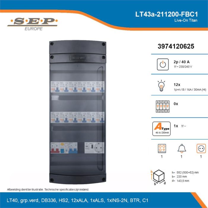 SEP Live-On Titan, LT43a-211200-FBC1, 40A, 1-fase groepenkast, 12-lichtgroepen, 1-fornuisgroep, 1-beltrafo,  1V-contactdoos, technische details
