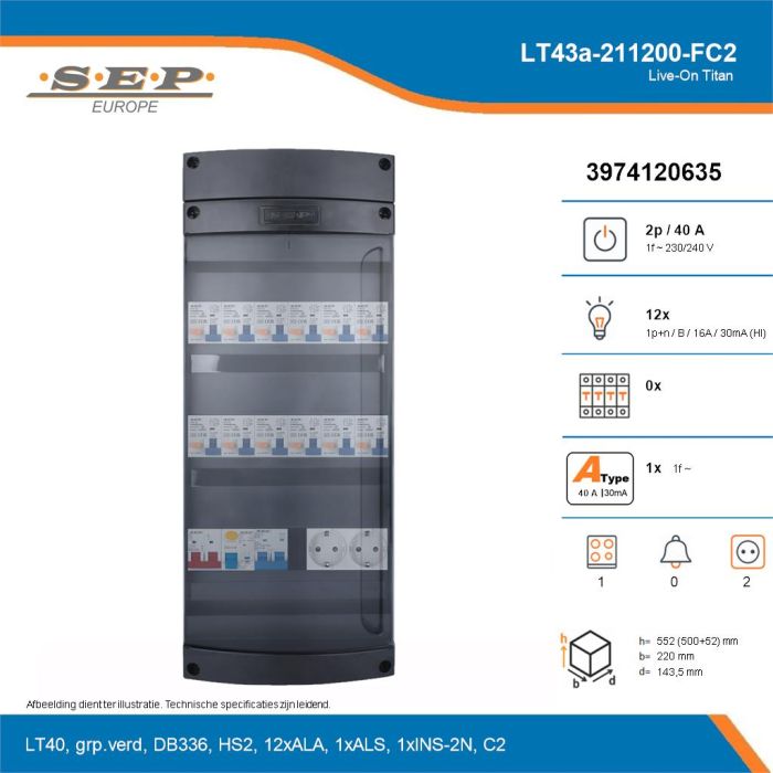 SEP Live-On Titan, LT43a-211200-FC2, 40A, 1-fase groepenkast, 12-lichtgroepen, 1-fornuisgroep,  2V-contactdoos, technische details