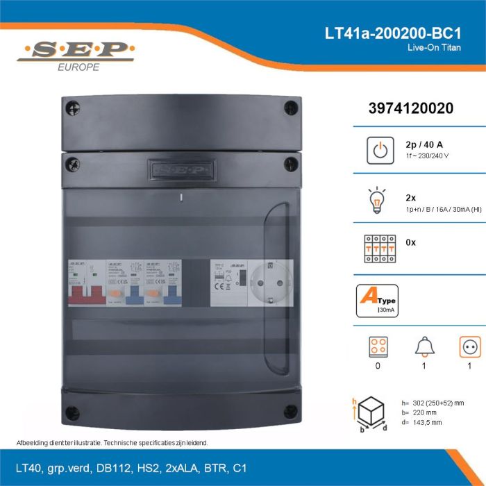 SEP Live-On Titan, LT41a-200200-BC1, 40A, 1-fase groepenkast, 2-lichtgroepen, 1-beltrafo,  1V-contactdoos, technische details