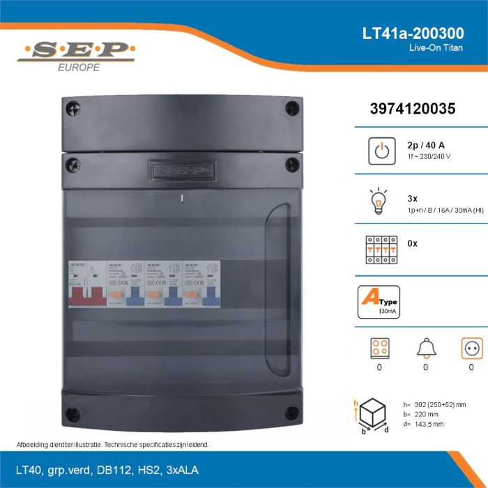 SEP Live-On Titan, LT41a-200300, 40A, 1-fase groepenkast, 3-lichtgroepen, technische details