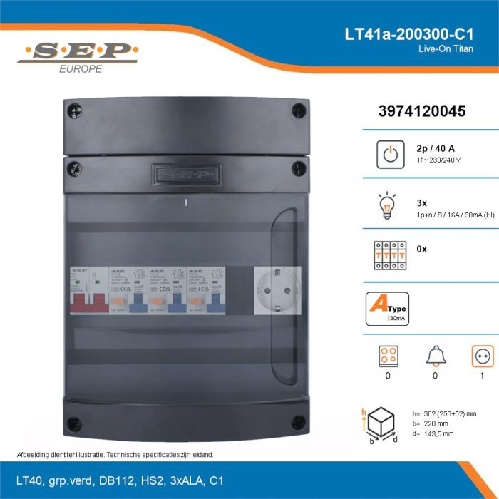 SEP Live-On Titan, LT41a-200300-C1, 40A, 1-fase groepenkast, 3-lichtgroepen,  1V-contactdoos, technische details