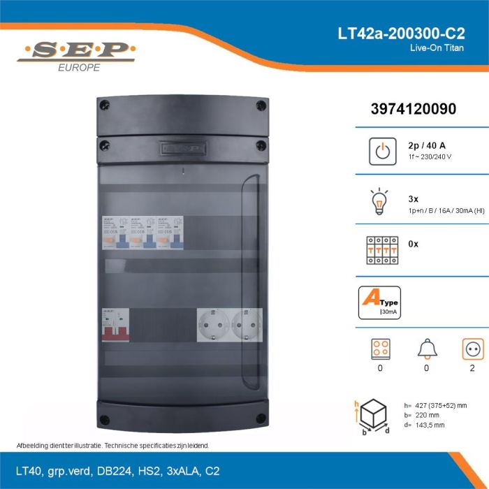 SEP Live-On Titan, LT42a-200300-C2, 40A, 1-fase groepenkast, 3-lichtgroepen,  2V-contactdoos, technische details
