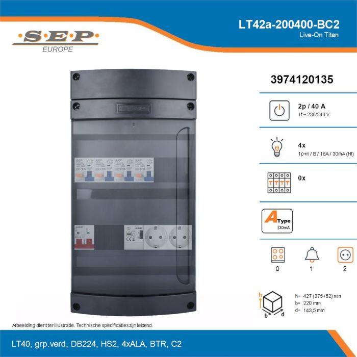 SEP Live-On Titan, LT42a-200400-BC2, 40A, 1-fase groepenkast, 4-lichtgroepen, 1-beltrafo,  2V-contactdoos, technische details