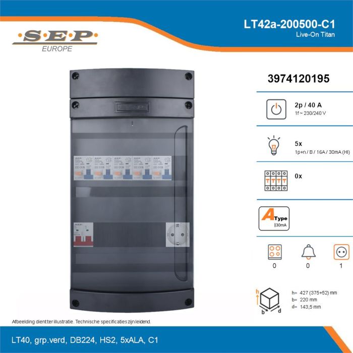 SEP Live-On Titan, LT42a-200500-C1, 40A, 1-fase groepenkast, 5-lichtgroepen,  1V-contactdoos, technische details