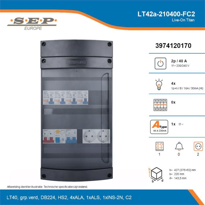 SEP Live-On Titan, LT42a-210400-FC2, 40A, 1-fase groepenkast, 4-lichtgroepen, 1-fornuisgroep,  2V-contactdoos, technische details