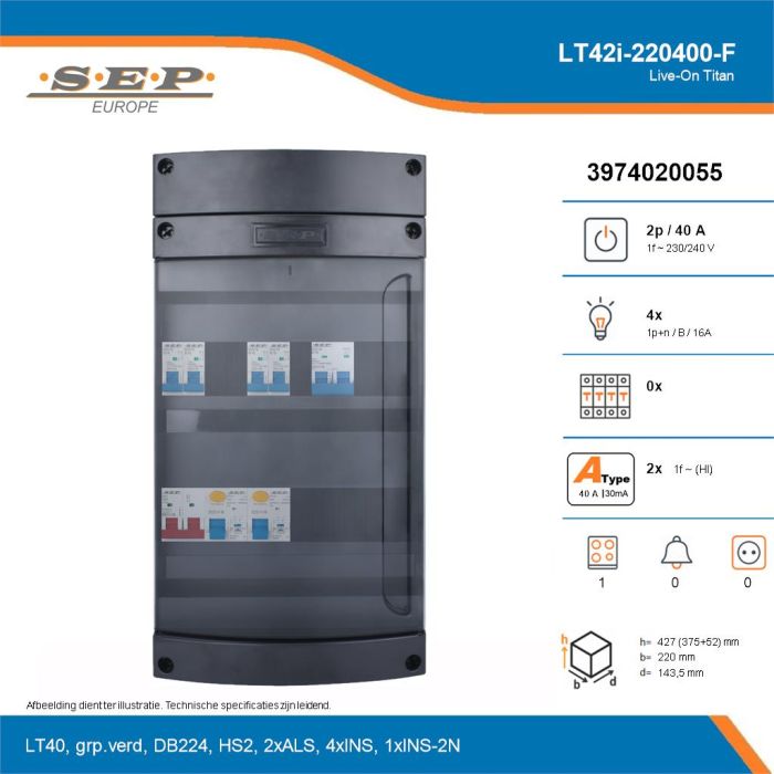SEP Live-On Titan, LT42i-220400-F, 40A, 1-fase groepenkast, 4-lichtgroepen, 1-fornuisgroep, technische details