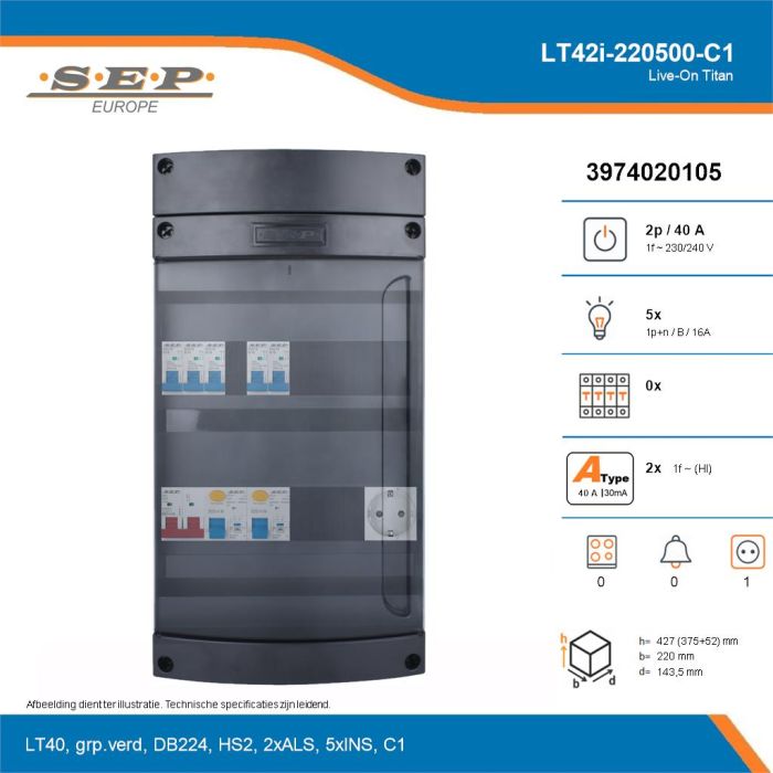 SEP Live-On Titan, LT42i-220500-C1, 40A, 1-fase groepenkast, 5-lichtgroepen,  1V-contactdoos, technische details