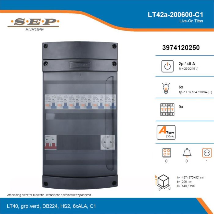 SEP Live-On Titan, LT42a-200600-C1, 40A, 1-fase groepenkast, 6-lichtgroepen,  1V-contactdoos, technische details