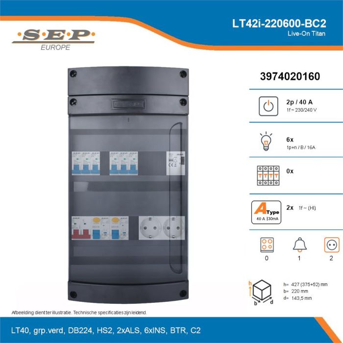 SEP Live-On Titan, LT42i-220600-BC2, 40A, 1-fase groepenkast, 6-lichtgroepen, 1-beltrafo,  2V-contactdoos, technische details