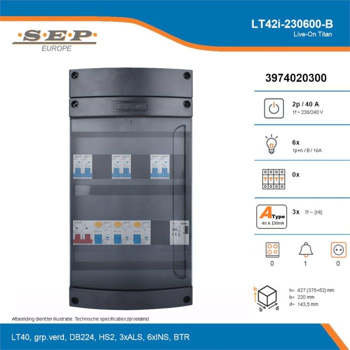 SEP Live-On Titan, LT42i-230600-B, 40A, 1-fase groepenkast, 6-lichtgroepen, 1-beltrafo, technische details