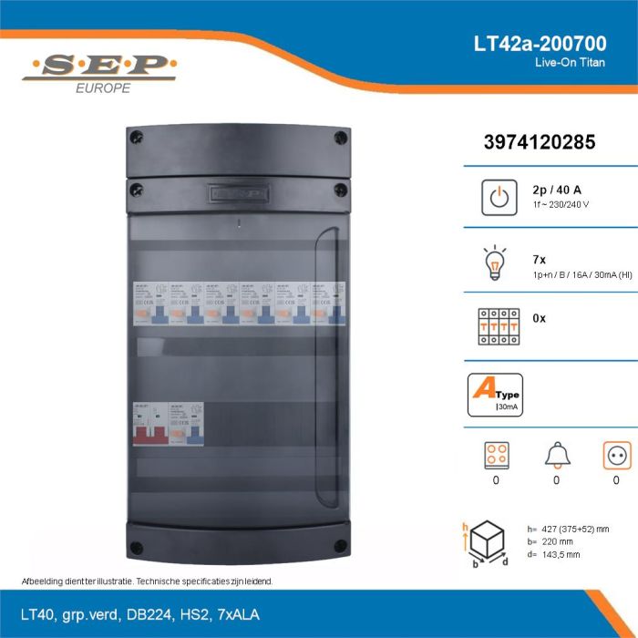 SEP Live-On Titan, LT42a-200700, 40A, 1-fase groepenkast, 7-lichtgroepen, technische details