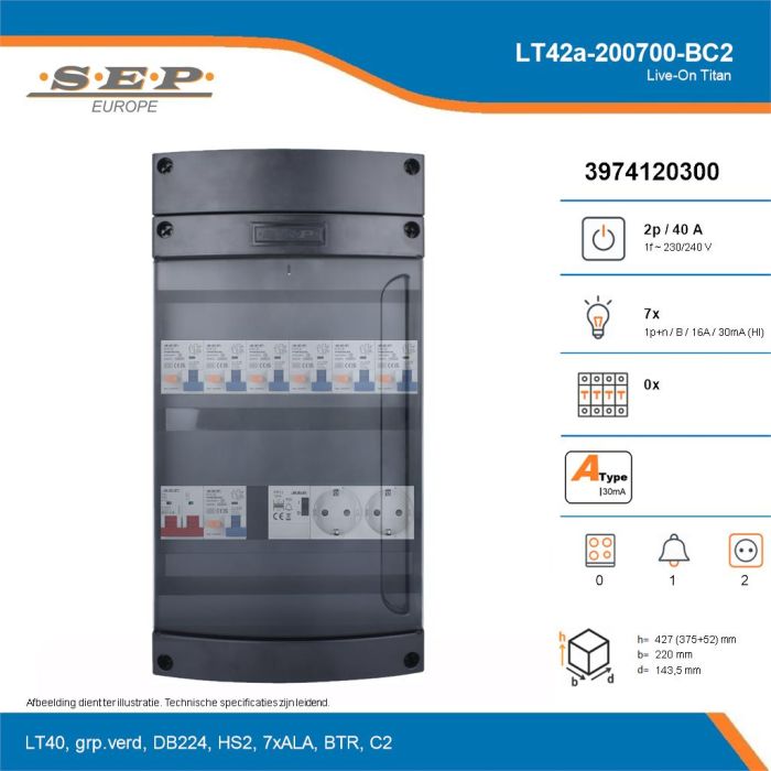 SEP Live-On Titan, LT42a-200700-BC2, 40A, 1-fase groepenkast, 7-lichtgroepen, 1-beltrafo,  2V-contactdoos, technische details