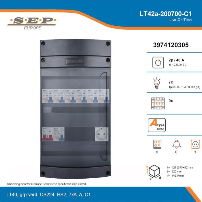 SEP Live-On Titan, LT42a-200700-C1, 40A, 1-fase groepenkast, 7-lichtgroepen,  1V-contactdoos, technische details