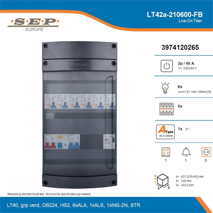 SEP Live-On Titan, LT42a-210600-FB, 40A, 1-fase groepenkast, 6-lichtgroepen, 1-fornuisgroep, 1-beltrafo, technische details