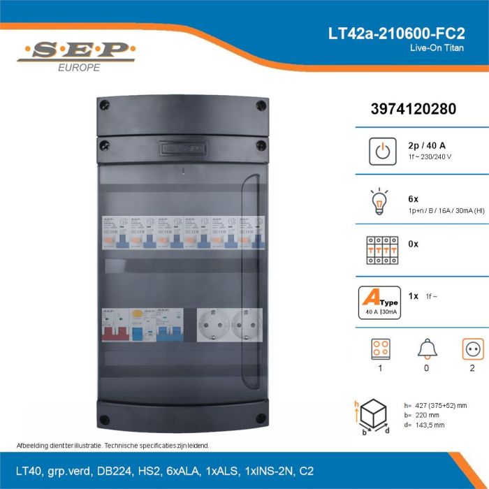 SEP Live-On Titan, LT42a-210600-FC2, 40A, 1-fase groepenkast, 6-lichtgroepen, 1-fornuisgroep,  2V-contactdoos, technische details