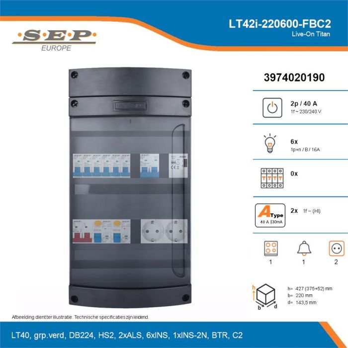 SEP Live-On Titan, LT42i-220600-FBC2, 40A, 1-fase groepenkast, 6-lichtgroepen, 1-fornuisgroep, 1-beltrafo,  2V-contactdoos, technische details