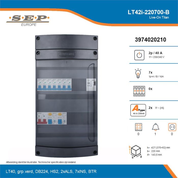 SEP Live-On Titan, LT42i-220700-B, 40A, 1-fase groepenkast, 7-lichtgroepen, 1-beltrafo, technische details