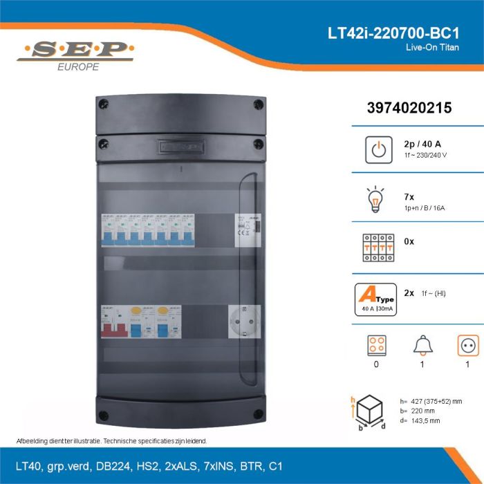 SEP Live-On Titan, LT42i-220700-BC1, 40A, 1-fase groepenkast, 7-lichtgroepen, 1-beltrafo,  1V-contactdoos, technische details