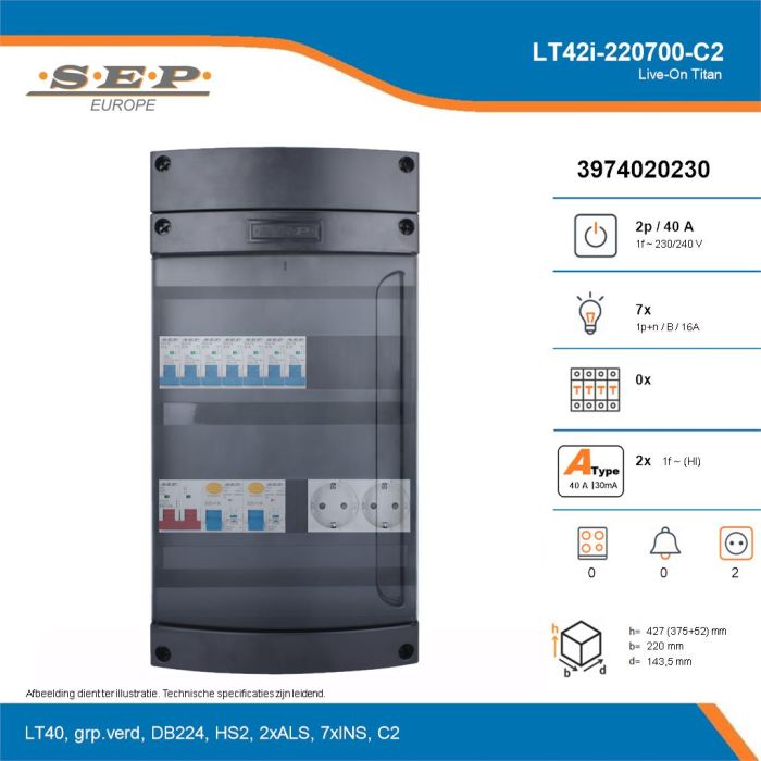 SEP Live-On Titan, LT42i-220700-C2, 40A, 1-fase groepenkast, 7-lichtgroepen,  2V-contactdoos, technische details