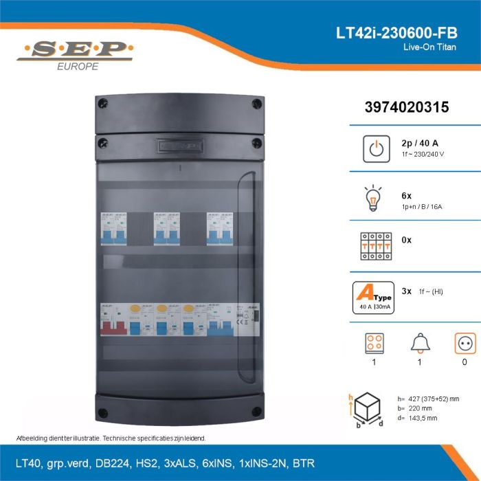 SEP Live-On Titan, LT42i-230600-FB, 40A, 1-fase groepenkast, 6-lichtgroepen, 1-fornuisgroep, 1-beltrafo, technische details