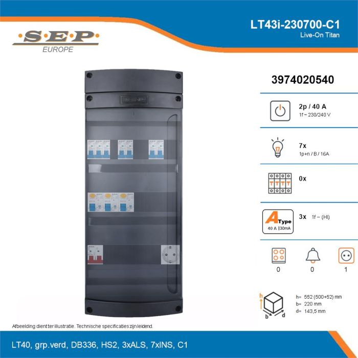 SEP Live-On Titan, LT43i-230700-C1, 40A, 1-fase groepenkast, 7-lichtgroepen,  1V-contactdoos, technische details