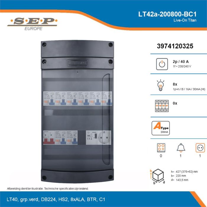 SEP Live-On Titan, LT42a-200800-BC1, 40A, 1-fase groepenkast, 8-lichtgroepen, 1-beltrafo,  1V-contactdoos, technische details