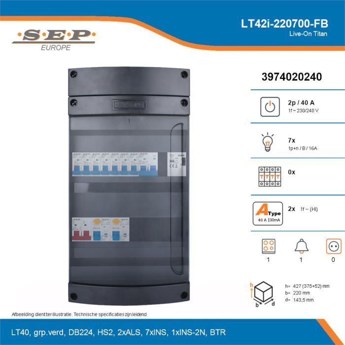 SEP Live-On Titan, LT42i-220700-FB, 40A, 1-fase groepenkast, 7-lichtgroepen, 1-fornuisgroep, 1-beltrafo, technische details