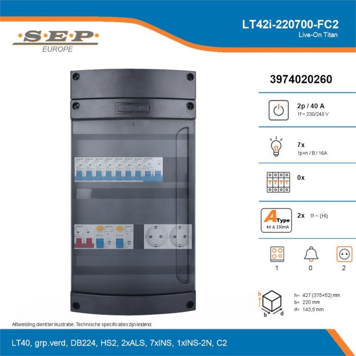 SEP Live-On Titan, LT42i-220700-FC2, 40A, 1-fase groepenkast, 7-lichtgroepen, 1-fornuisgroep,  2V-contactdoos, technische details