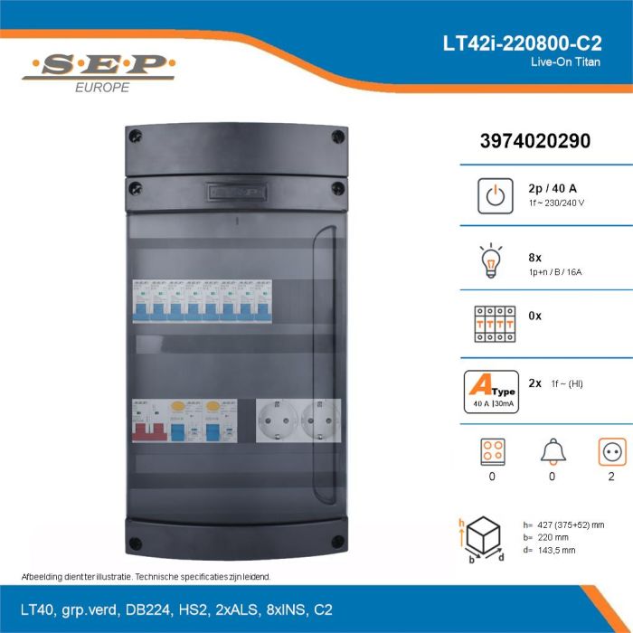 SEP Live-On Titan, LT42i-220800-C2, 40A, 1-fase groepenkast, 8-lichtgroepen,  2V-contactdoos, technische details