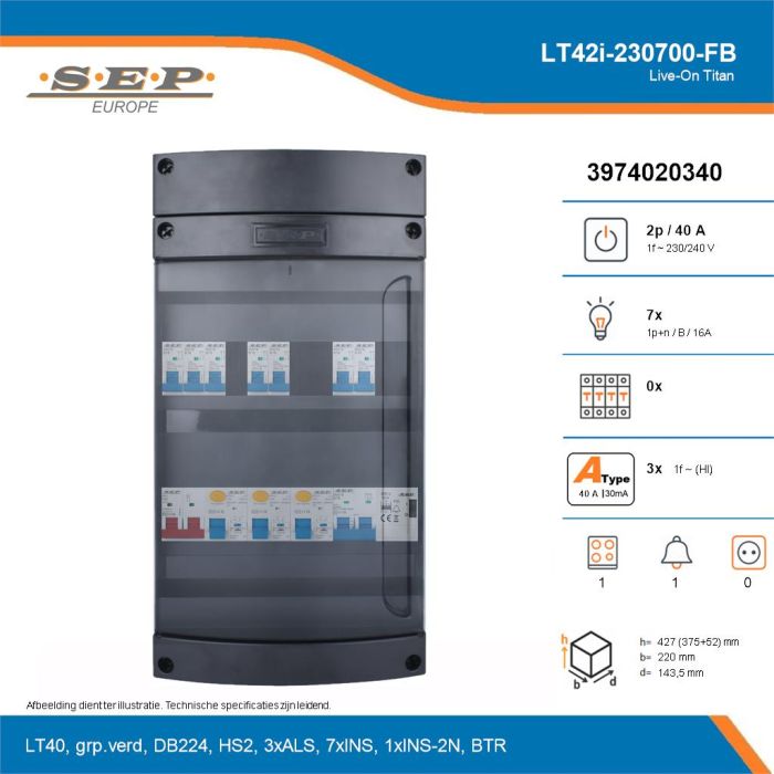 SEP Live-On Titan, LT42i-230700-FB, 40A, 1-fase groepenkast, 7-lichtgroepen, 1-fornuisgroep, 1-beltrafo, technische details