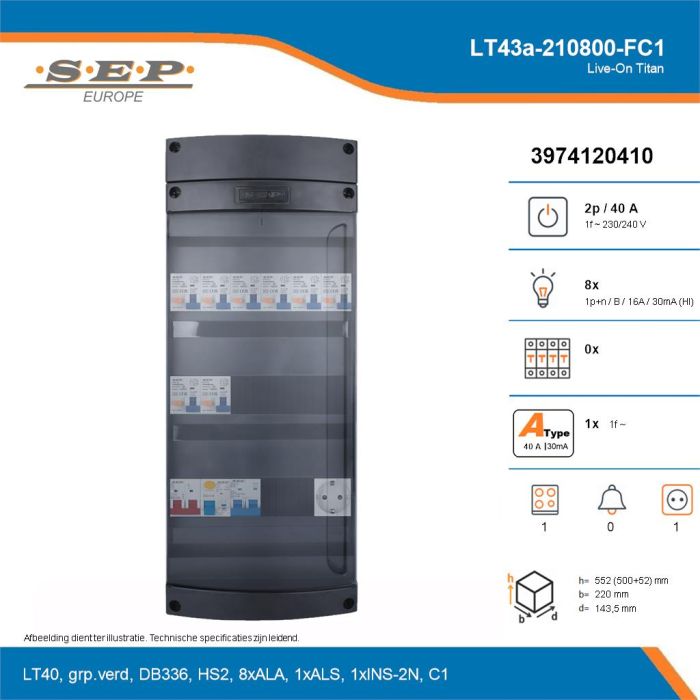 SEP Live-On Titan, LT43a-210800-FC1, 40A, 1-fase groepenkast, 8-lichtgroepen, 1-fornuisgroep,  1V-contactdoos, technische details