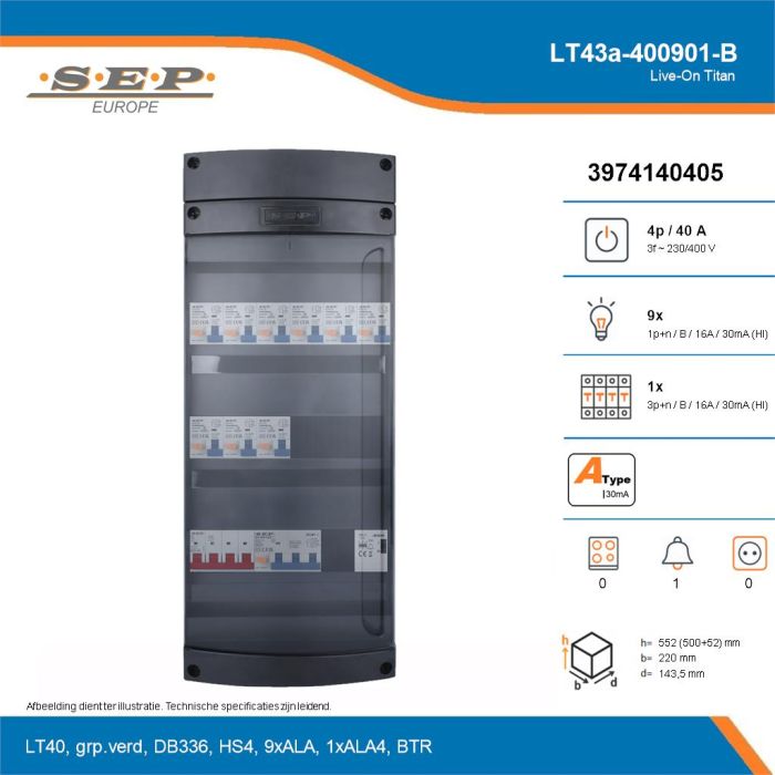 SEP Live-On Titan, LT43a-400901-B, 40A, 3-fase groepenkast, 9-lichtgroepen, 1-krachtgroepen, 1-beltrafo, technische details