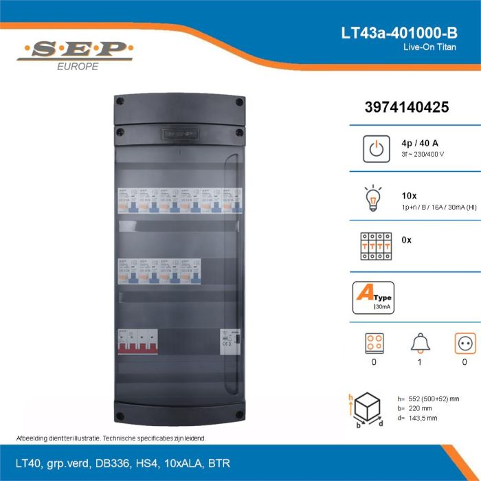 SEP Live-On Titan, LT43a-401000-B, 40A, 3-fase groepenkast, 10-lichtgroepen, 1-beltrafo, technische details