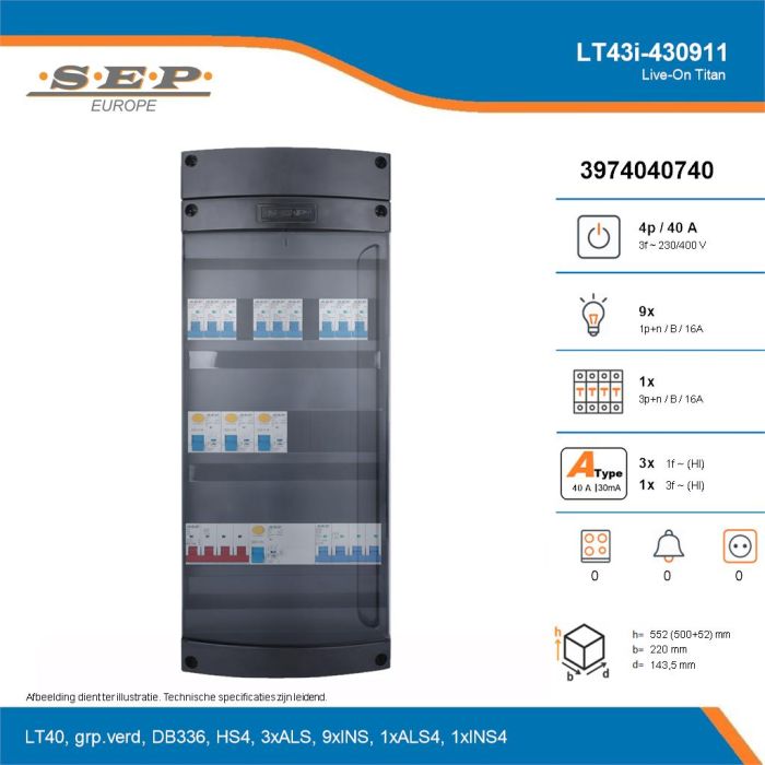 SEP Live-On Titan, LT43i-430911, 40A, 3-fase groepenkast, 9-lichtgroepen, 1-krachtgroepen, technische details