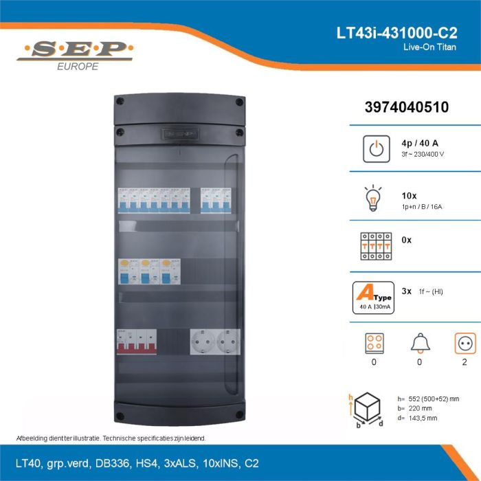 SEP Live-On Titan, LT43i-431000-C2, 40A, 3-fase groepenkast, 10-lichtgroepen,  2V-contactdoos, technische details