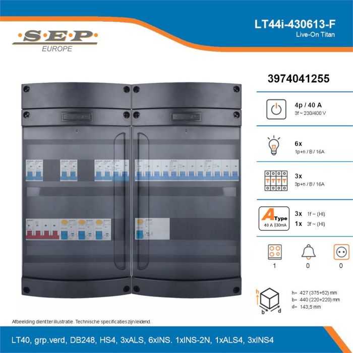 SEP Live-On Titan, LT44i-430613-F, 40A, 3-fase groepenkast, 6-lichtgroepen, 3-krachtgroepen, 1-fornuisgroep, technische details