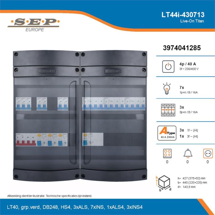 SEP Live-On Titan, LT44i-430713, 40A, 3-fase groepenkast, 7-lichtgroepen, 3-krachtgroepen, technische details