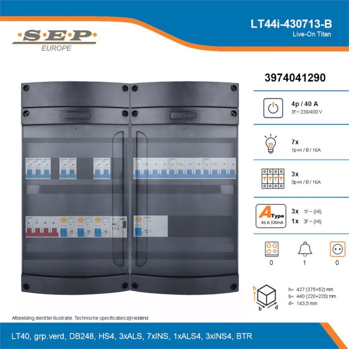 SEP Live-On Titan, LT44i-430713-B, 40A, 3-fase groepenkast, 7-lichtgroepen, 3-krachtgroepen, 1-beltrafo, technische details