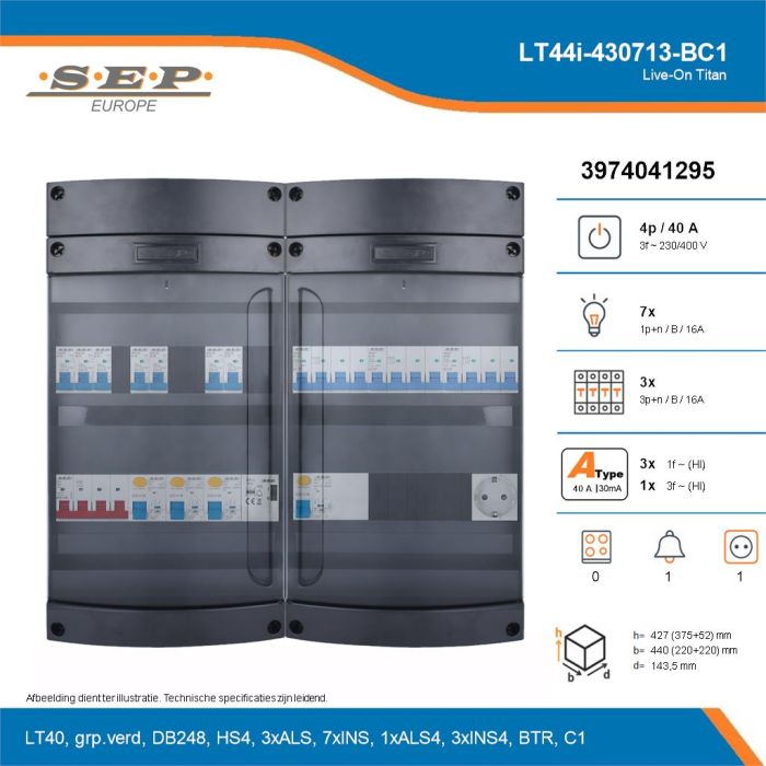 SEP Live-On Titan, LT44i-430713-BC1, 40A, 3-fase groepenkast, 7-lichtgroepen, 3-krachtgroepen, 1-beltrafo,  1V-contactdoos, technische details