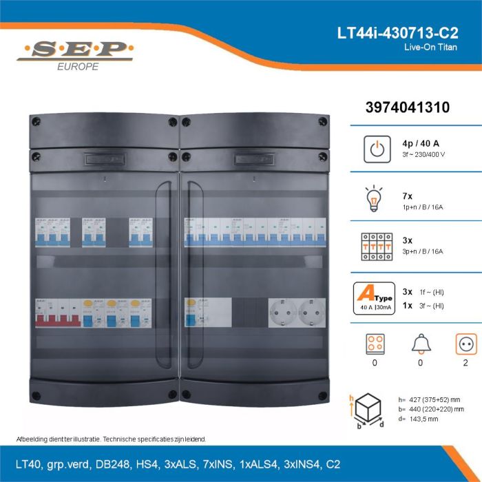 SEP Live-On Titan, LT44i-430713-C2, 40A, 3-fase groepenkast, 7-lichtgroepen, 3-krachtgroepen,  2V-contactdoos, technische details