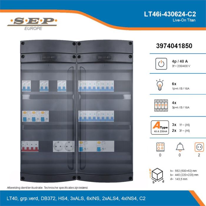 SEP Live-On Titan, LT46i-430624-C2, 40A, 3-fase groepenkast, 6-lichtgroepen, 4-krachtgroepen,  2V-contactdoos, technische details