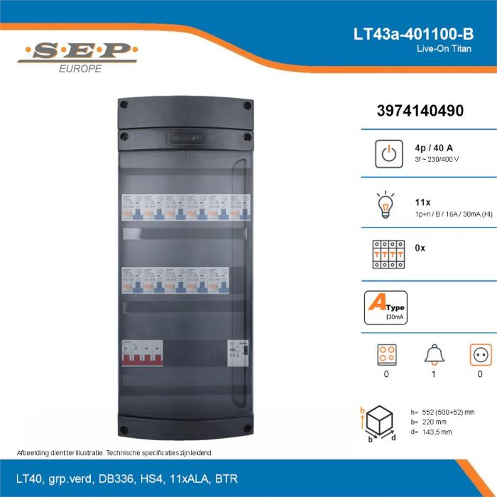 SEP Live-On Titan, LT43a-401100-B, 40A, 3-fase groepenkast, 11-lichtgroepen, 1-beltrafo, technische details