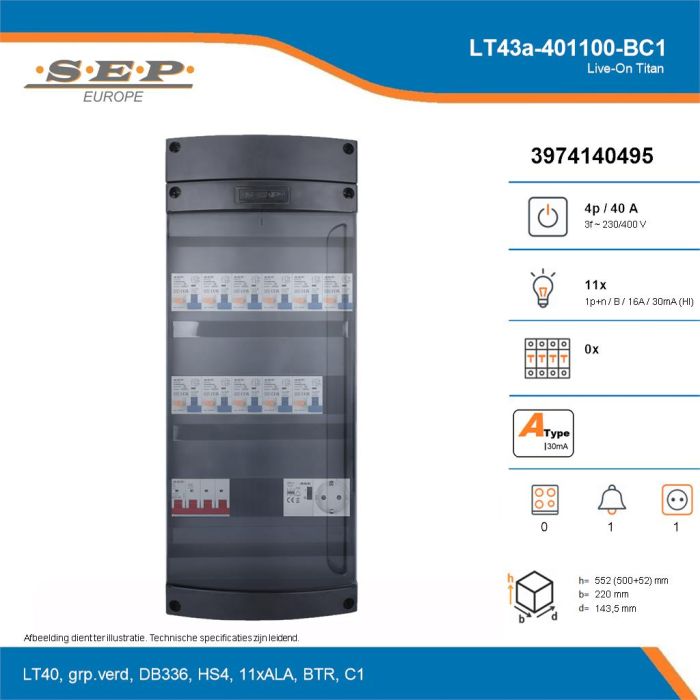 SEP Live-On Titan, LT43a-401100-BC1, 40A, 3-fase groepenkast, 11-lichtgroepen, 1-beltrafo,  1V-contactdoos, technische details