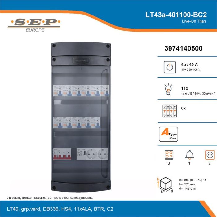 SEP Live-On Titan, LT43a-401100-BC2, 40A, 3-fase groepenkast, 11-lichtgroepen, 1-beltrafo,  2V-contactdoos, technische details