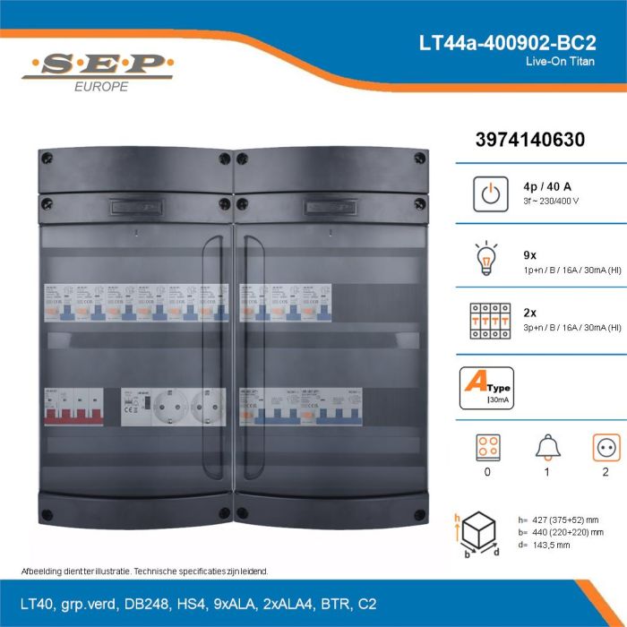 SEP Live-On Titan, LT44a-400902-BC2, 40A, 3-fase groepenkast, 9-lichtgroepen, 2-krachtgroepen, 1-beltrafo,  2V-contactdoos, technische details